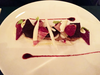 Walnut sablé with beets.
