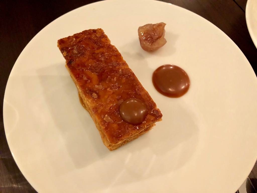 Millefeuille with caramel and candied chestnuts.