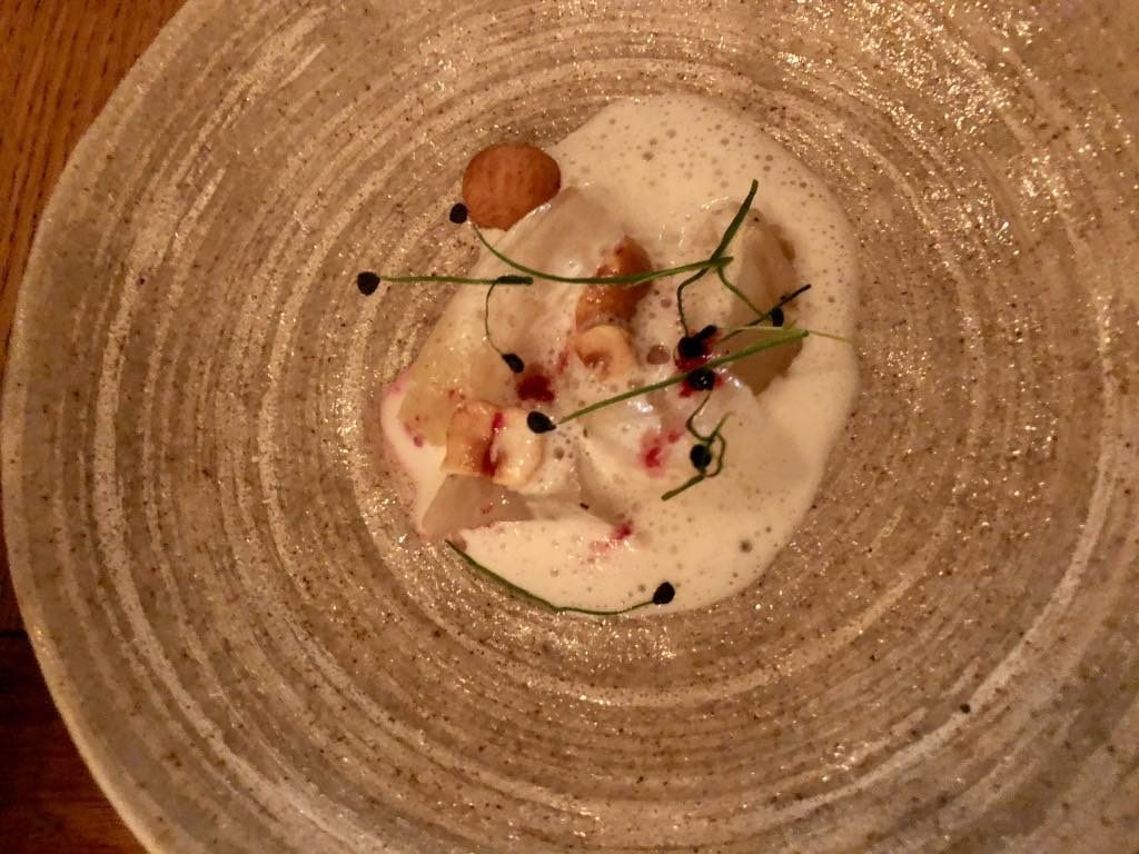 Salt restaurant, Paris, white beets with parmesan emulsion and toasted hazelnuts