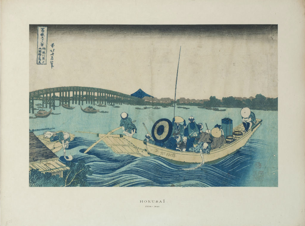 "Viewing the Sunset over Ryōgoku Bridge from the Onmaya Embankment" (c. 1830-31), by Katsushika Hokusai. From the series "Thirty-six Views of Mount Fuji." © MAD, Paris/Jean Tholance