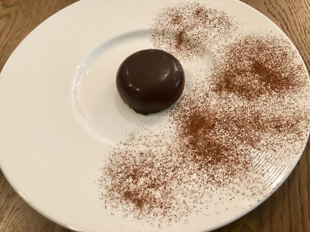"Force noire" chocolate dessert with pear and cardamom. The restaurant Variations in Paris’s 11th arrondissement.