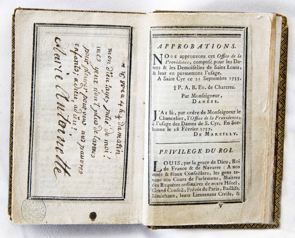 Just before being taken to the guillotine, Marie-Antoinette wrote in her Book of Hours: "Dear God, have pity on me. My eyes have no more tears to weep for you. My poor children, adieu, adieu!"