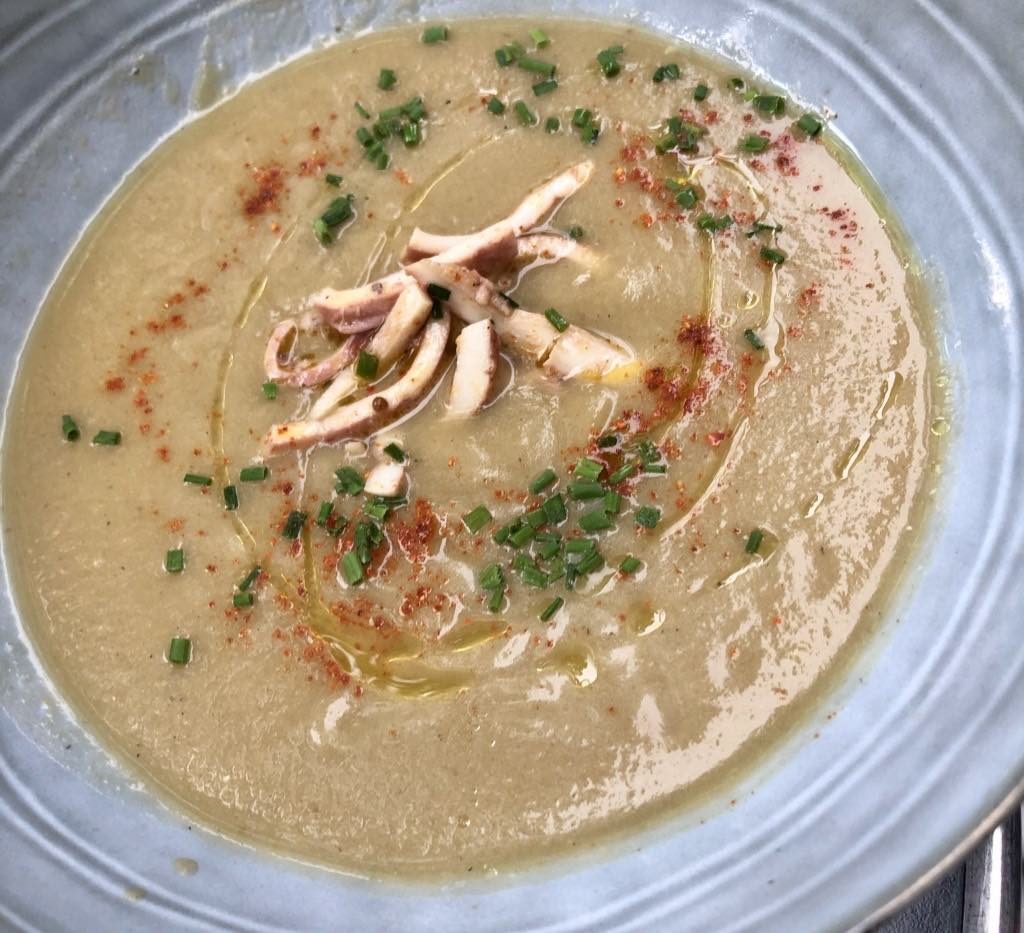 Eggplant soup with grilled octopus.