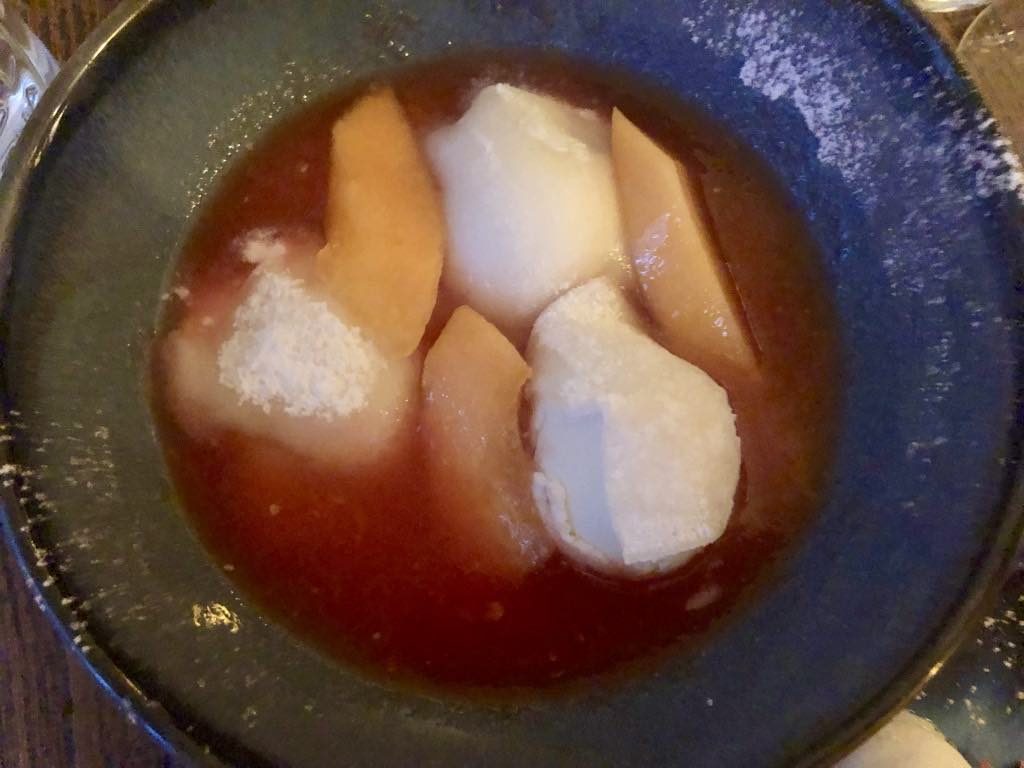Watermelon and cantaloupe soup with mochi.