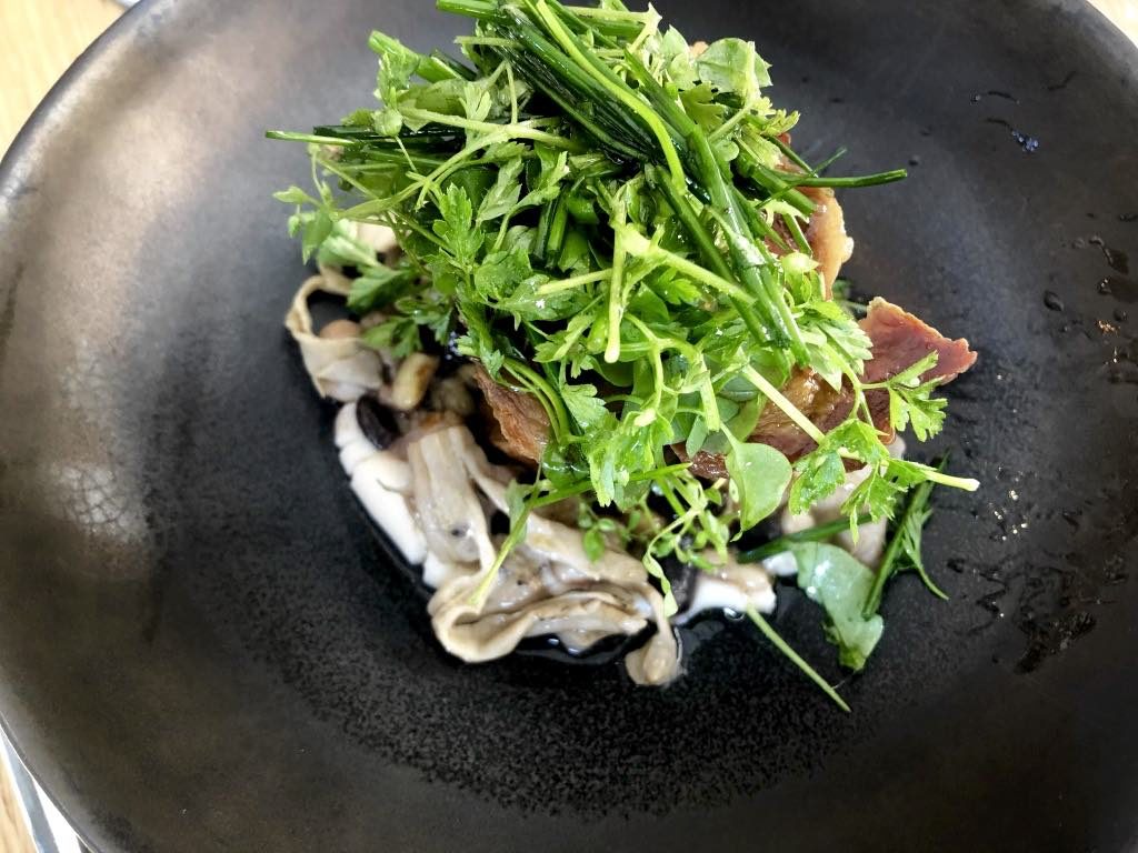 Pork with white beans, pickled mushrooms and-herb salad.