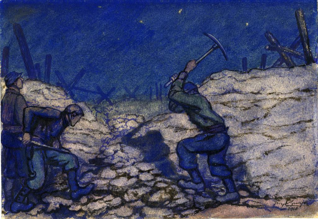 "Caved-in Trench" (1916), a drawing by Georges Bruyer. Soldiers had to work under cover of darkness to repair the trenches.