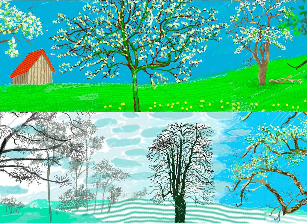 Two details from the frieze David Hockney "A Year in Normandy" (2020-21). Top: spring. Bottom: winter.