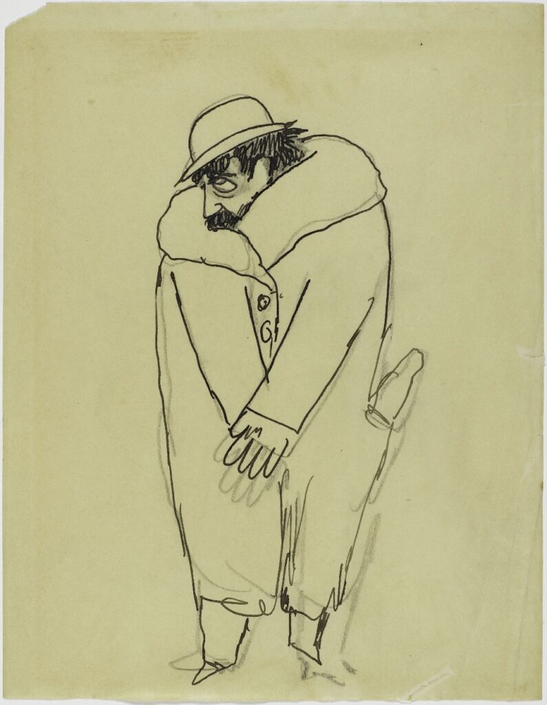 A drawing of Proust wearing his famous fur-collared overcoat by his friend Jean Cocteau (c. 1920). © MNAM–CCI
