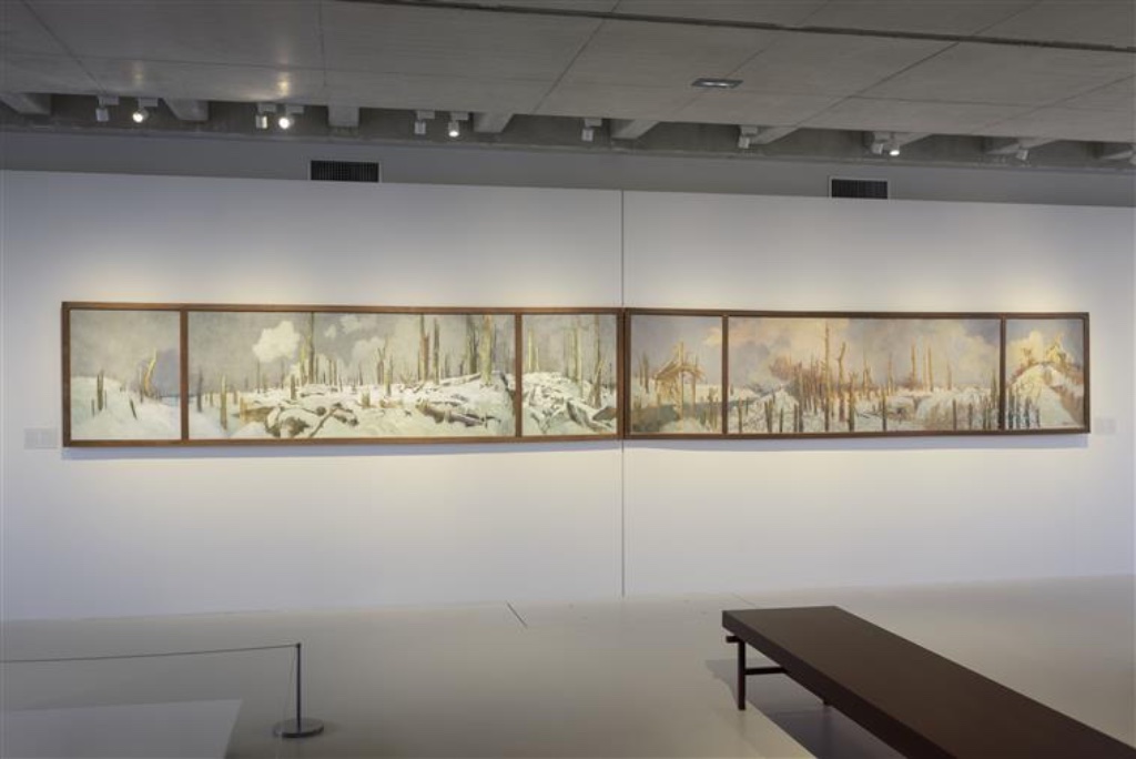Exhibition view with "Landscape of World War I," by military artist Espérance Léon Broquet.