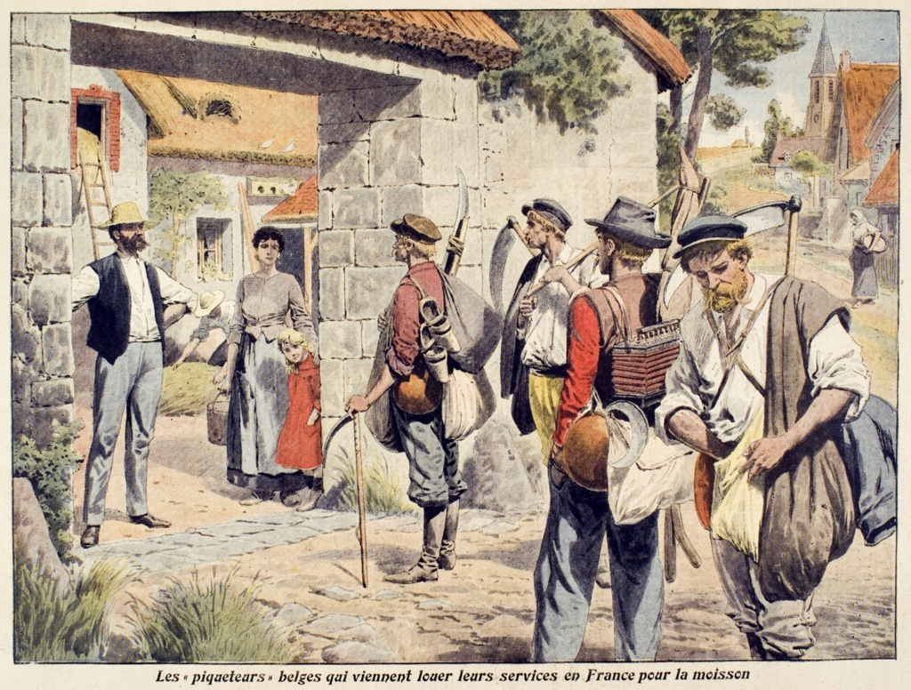 Belgian migrant workers looking for work on a French farm. Anonymous illustration, Le Petit Journal Illustre, 1908. Credit: Collection KHARBINE-TAPABOR.